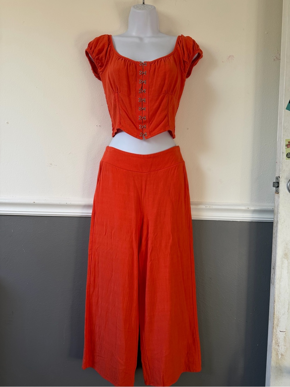 Women's Red Wide-Leg Pants & Corset Top Set
